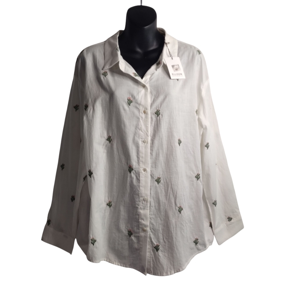 Ellison Women's Top Button Shirt Blouse White Embroidered Cactus Cotton Sz L